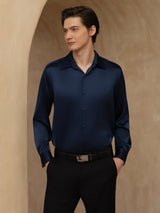 [Donkerblauw] SilkSilky-NL 19Momme Lange Mouw Reverskraag Heren Shirt 001