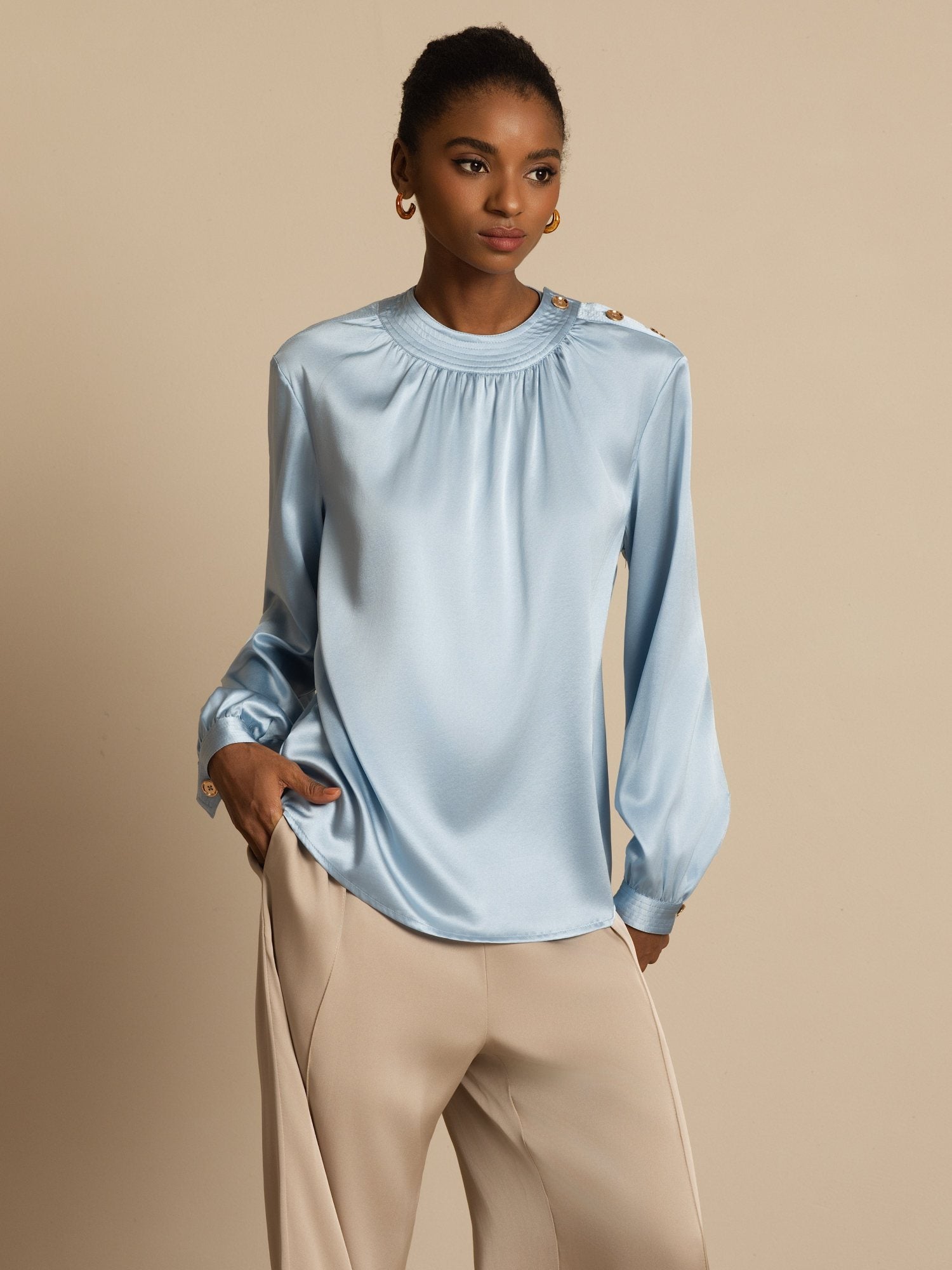 [Grijsachtig Blauw] SilkSilky-NL 19Momme Lange Mouw Ronde Hals Blouse 003
