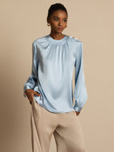 [Grijsachtig Blauw] SilkSilky-NL 19Momme Lange Mouw Ronde Hals Blouse 003