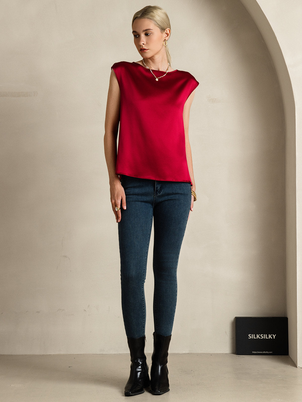 [Wijn] SilkSilky-NL 19Momme Zijde Ronde Hals Dames T-Shirt 007