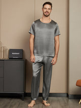 [Donkergrijs] SilkSilky-NL Pure Silk Korte Mouw Ronde Hals Heren Pyjama Set 003
