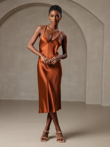 [Karamel] SilkSilky-NL Pure Silk Mouwloos V-Hals Jurk 005