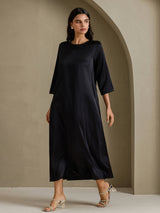 [Zwart] SilkSilky-NL 3/4 Sleeve Round Neck Jurk 005