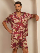 [Wijnrode Draak] SilkSilky-NL Short Sleeve Notch Collar Heren Pyjama Set 004
