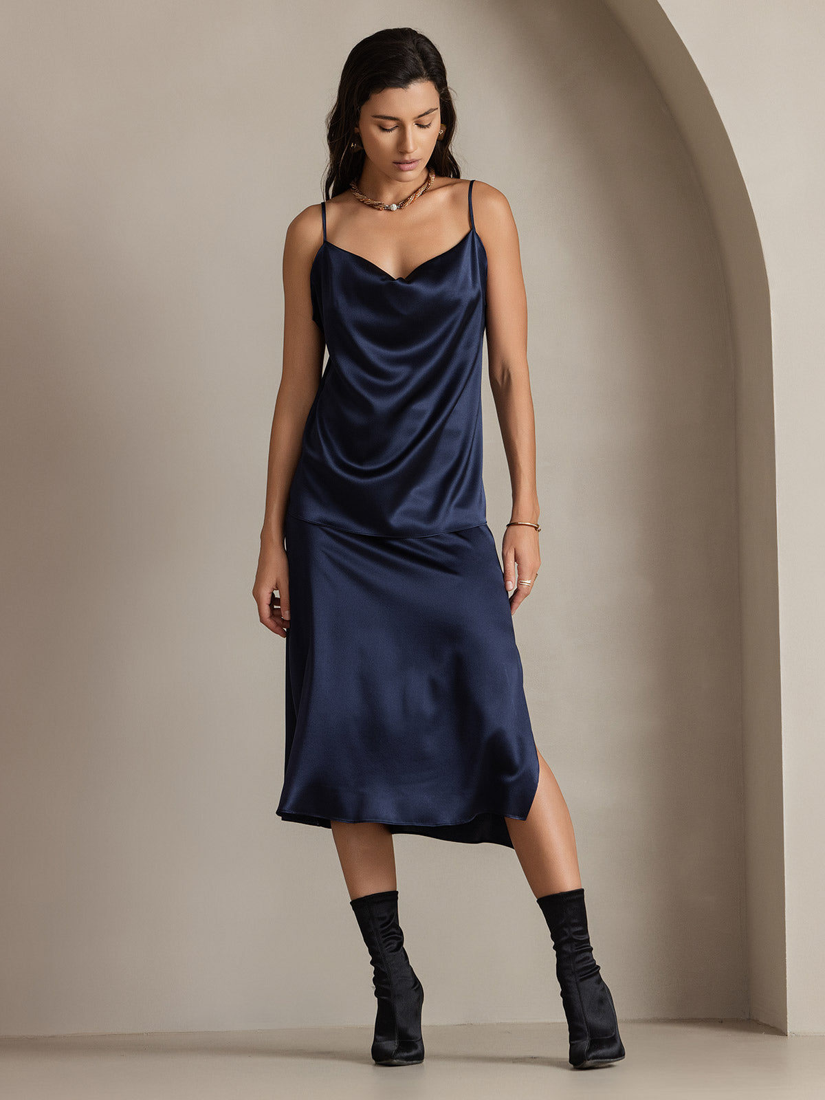 [Donkerblauw] SilkSilky-NL 19Momme Zijde Skirt 006