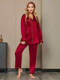 SilkSilky NL Pure Silk Lange Mouw Revers Dames Pyjama Set Wijn 003