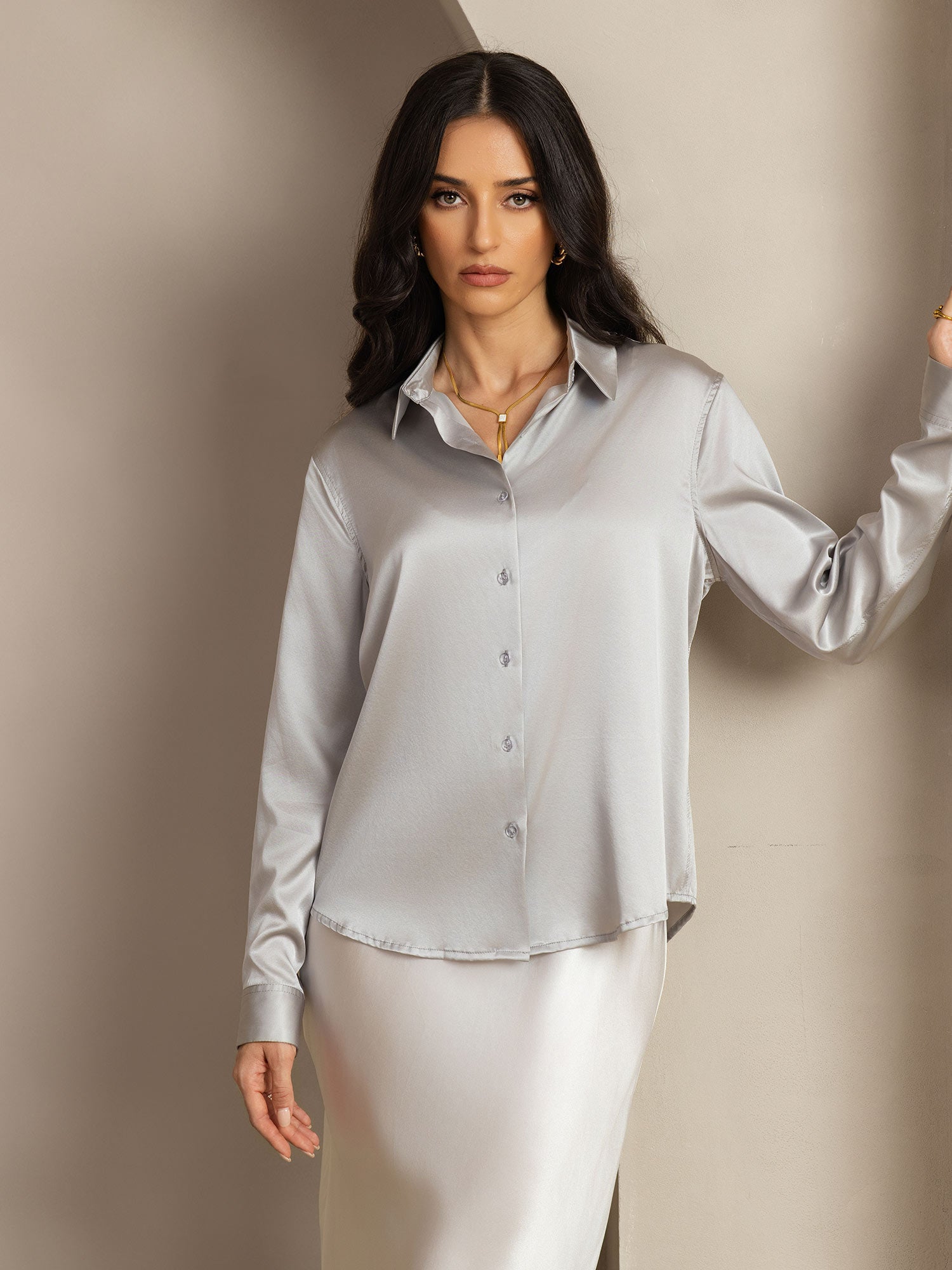 [Lichtgrijs] SilkSilky-NL Zijde Kraag Dames Blouse 008