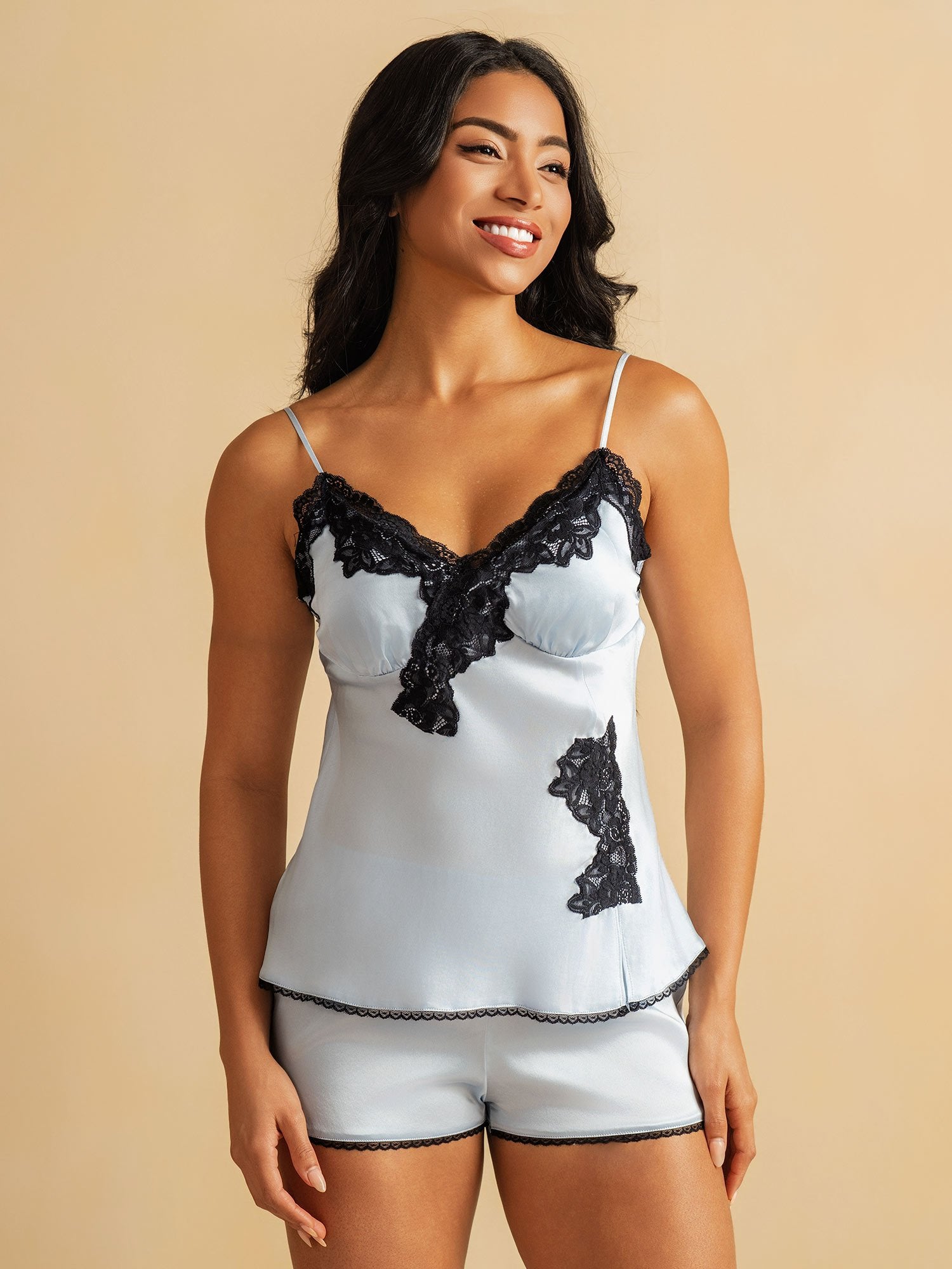 [Hemelsblauw] SilkSilky-NL Zijde Camisole Set 003