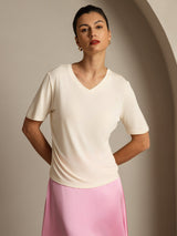 [Beige] SilkSilky-NL Korte Mouw V Hals Dames T-Shirt 001