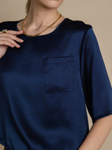 [Donkerblauw] SilkSilky-NL Halve Mouw Diepe Ronde Hals Dames T-Shirt 006