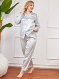 SilkSilky NL Pure Silk Lange Mouw Revers Dames Grote maten Pyjama Set Lichtblauw 006