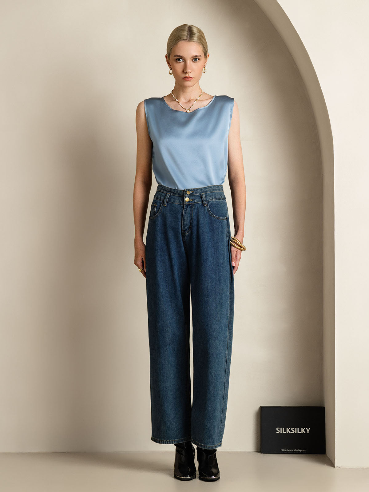 [Grijsachtig Blauw] SilkSilky-NL 19Momme Zijde Ronde Hals Cami-Top 007