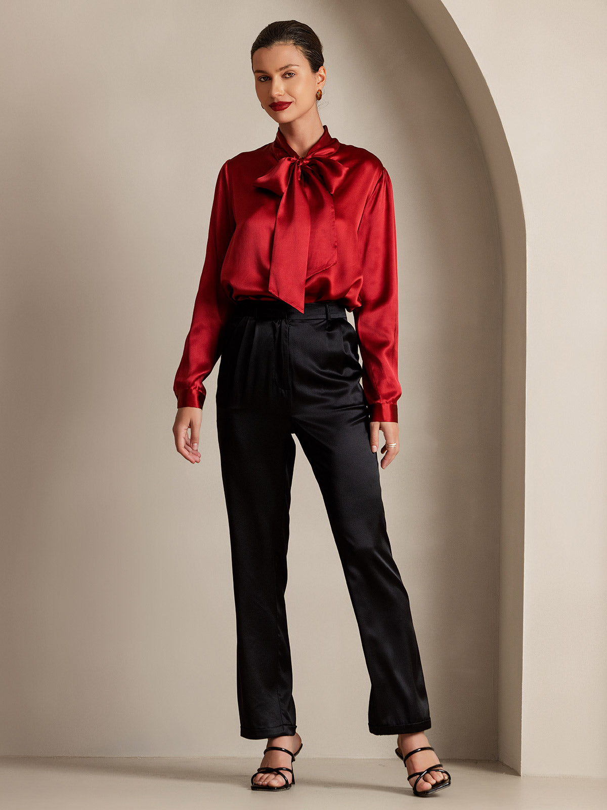 [Wijn] SilkSilky-NL 19Momme Zijde Lange Mouw Binda Hals Dames Blouse 006