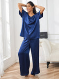 SilkSilky NL Pure Silk Korte Mouw V Hals Dames Pyjama Set Donkerblauw 003