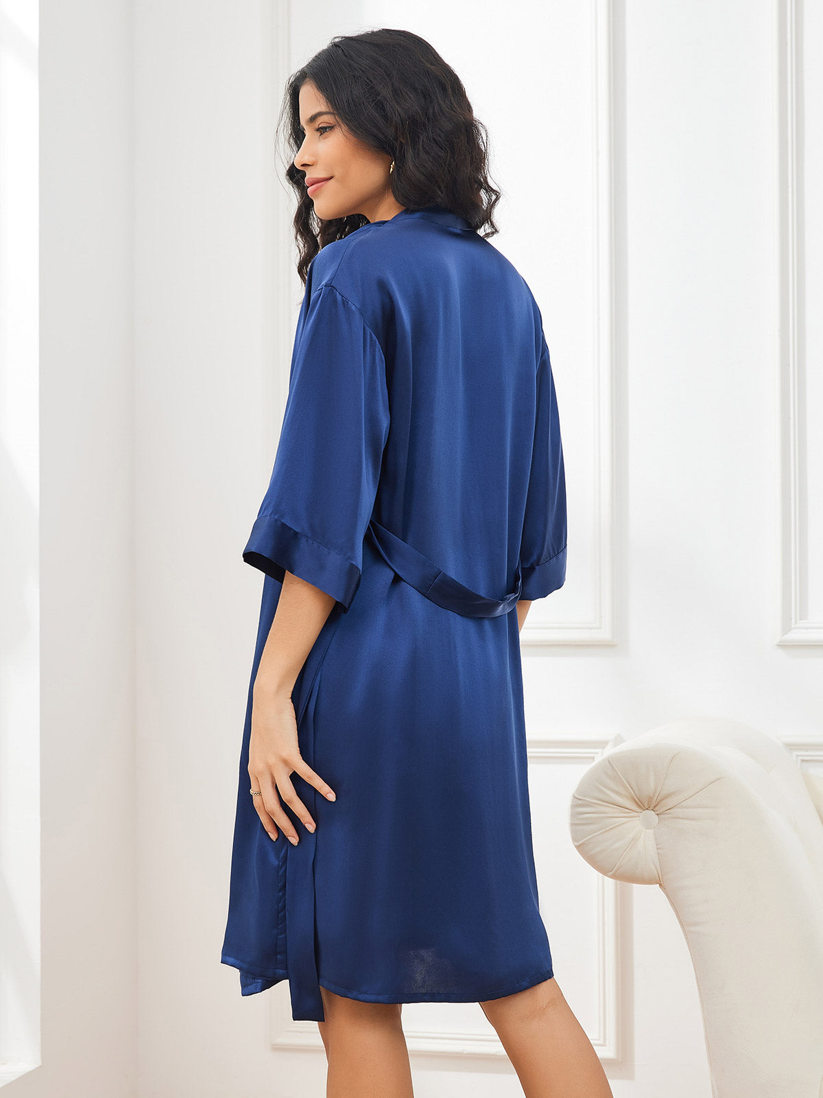 SilkSilky NL Pure Silk 3/4 Mouw Nightgown&Robe Set Donkerblauw 002