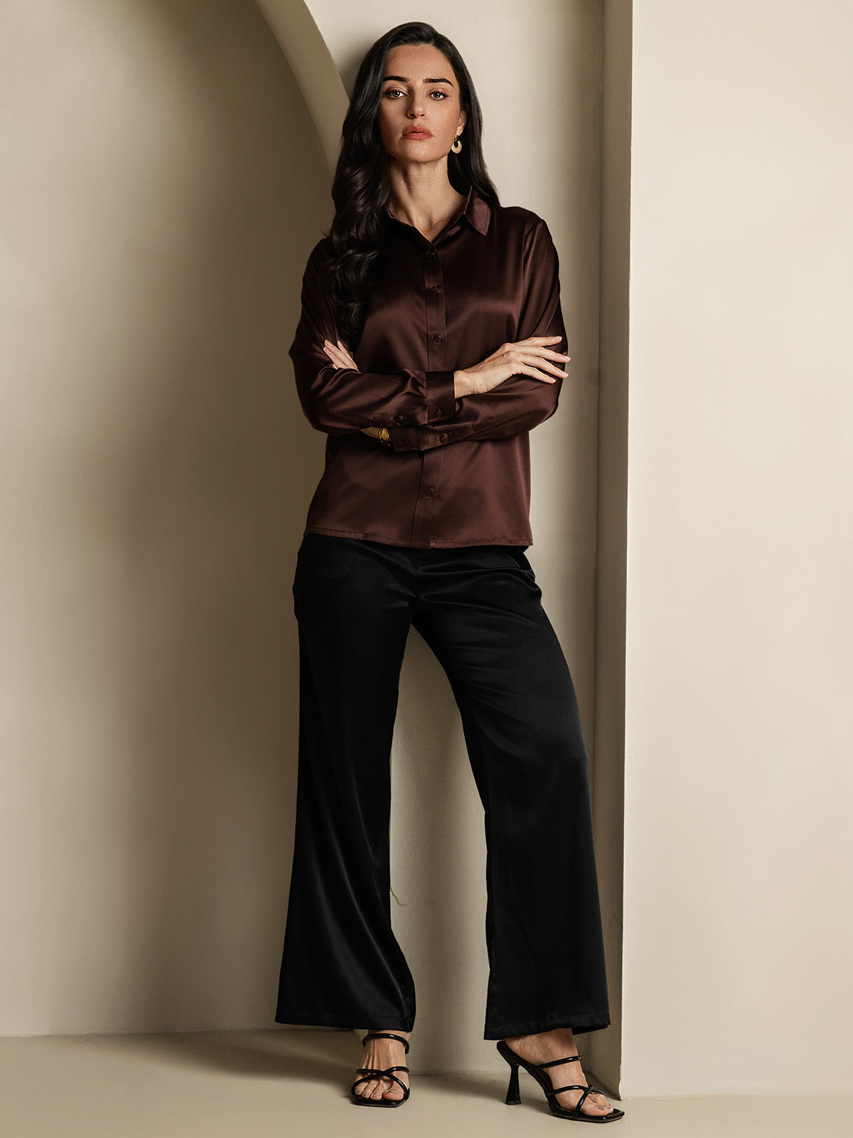 SilkSilky-NL 19Momme Zijde Lange Mouw Kraag Dames Blouse Koffie 007