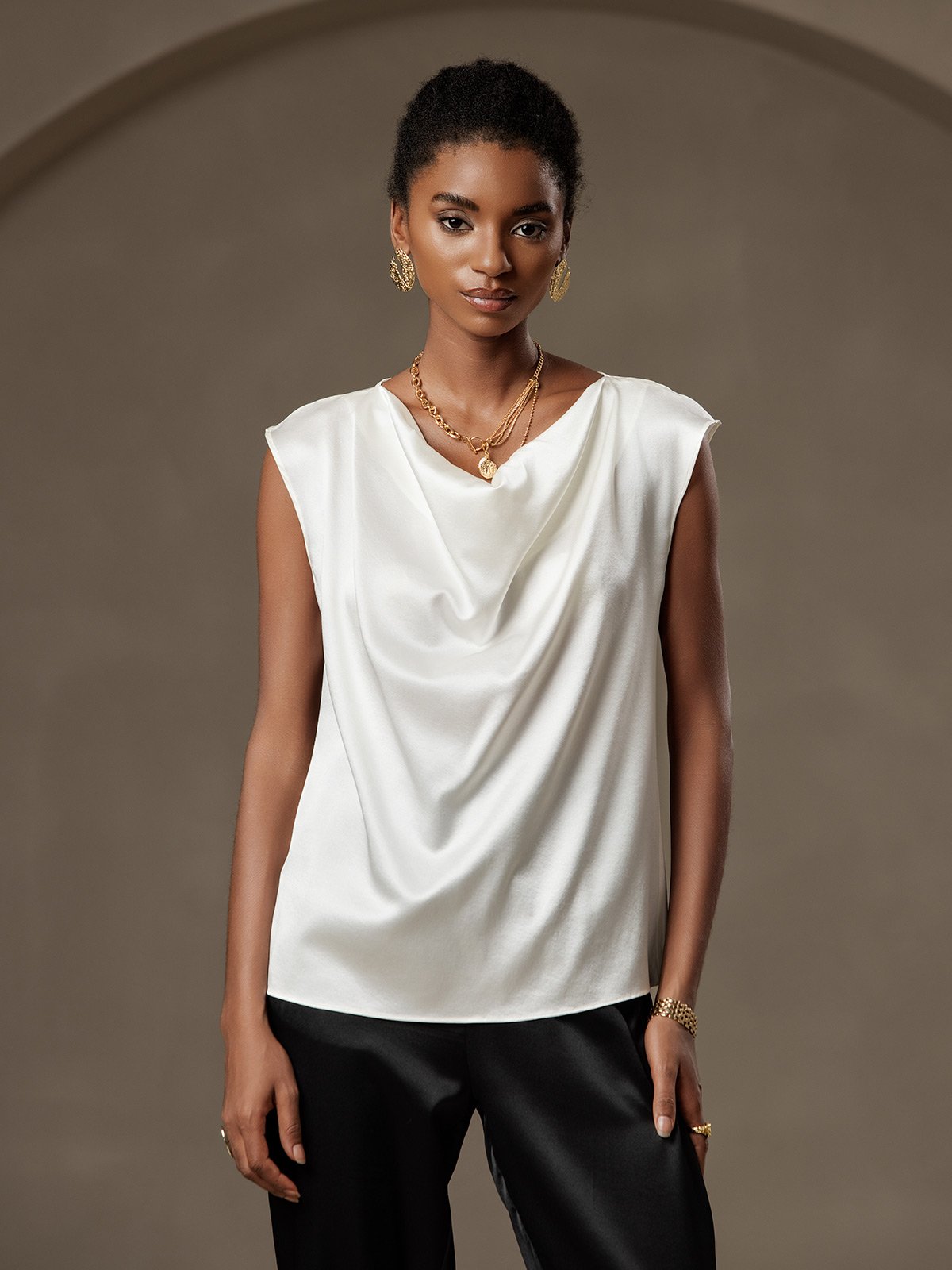 [Wit] SilkSilky-NL 19Momme Zijde Mouwloos Cowl Hals Dames T-Shirt 001