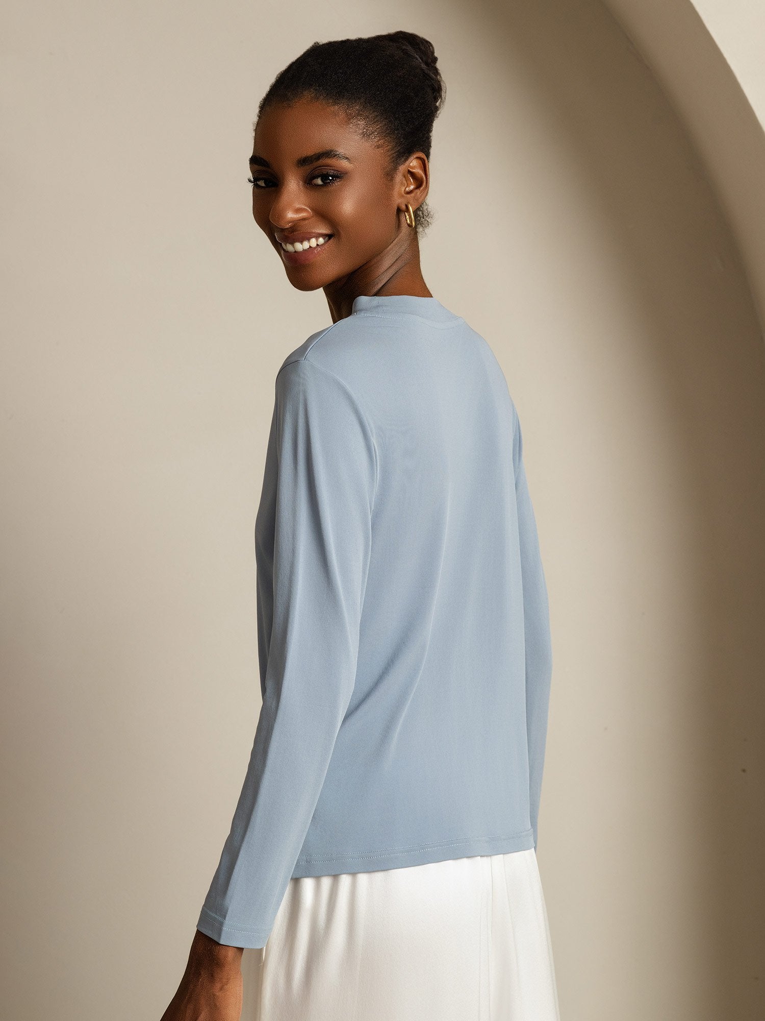 [GrijsachtigBlauw] SilkSilky-NL Zijde Ronde Hals Dames T-Shirt 002