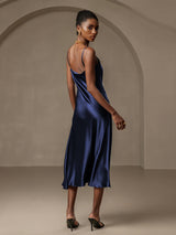 [Donkerblauw] SilkSilky-NL Spaghetti Bandjes Waterval Hals Jurk 002