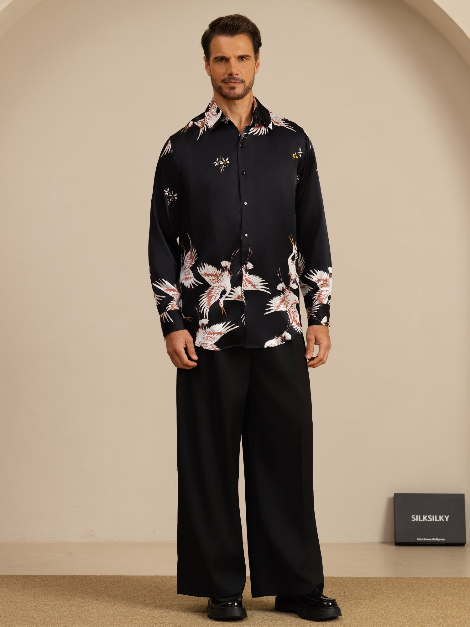 [Zwart] SilkSilky-NL 19Momme Lange Mouw Reverskraag Heren Shirt 008