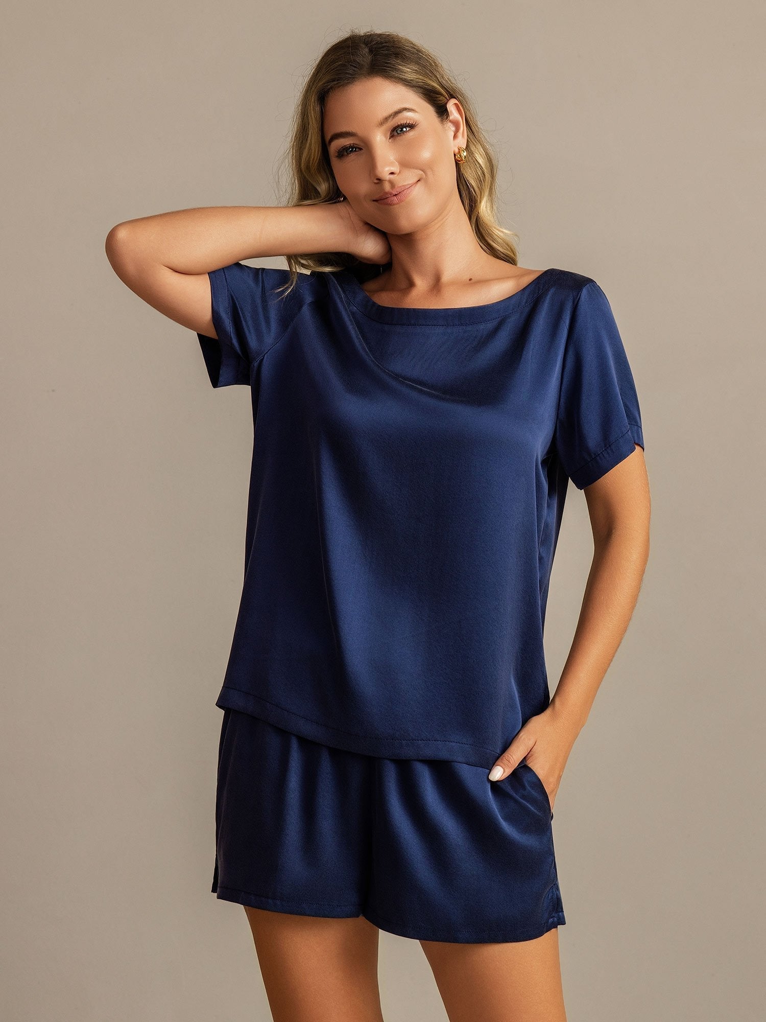 [Donkerblauw] SilkSilky-NL 19Momme Zijde Ronde Hals Dames Pyjama Set 003,