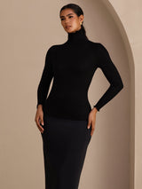 [Zwart] SilkSilky-NL Long Sleeve Turtle Neck Dames T-Shirt 004
