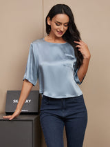 [Grijsachtig Blauw] SilkSilky-NL Halve Mouw Diepe Ronde Hals Dames T-Shirt 004