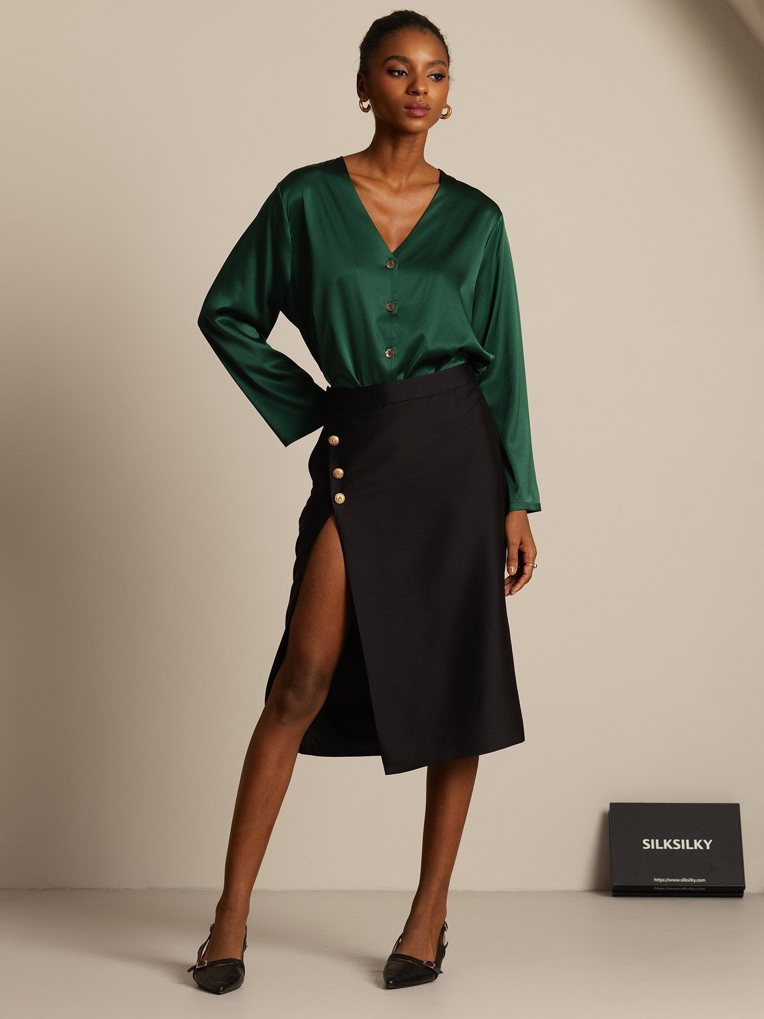 [Zwart] SilkSilky-NL 32Momme Silk-Wool Blend Skirt 006,