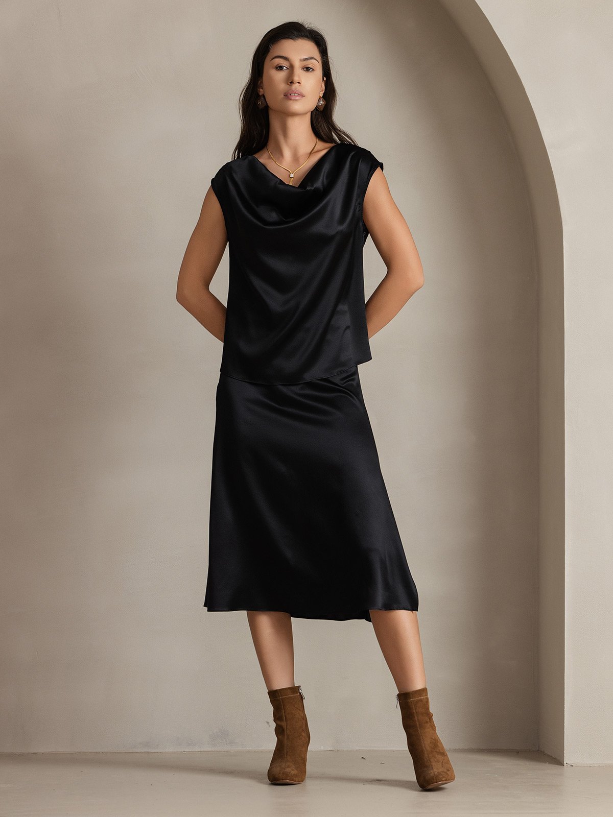 [Zwart] SilkSilky-NL 19Momme Zijde Mouwloos Womens T-Shirt 005