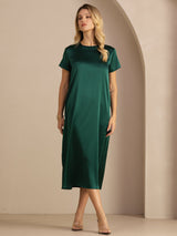 [Donkergroen] SilkSilky-NL Short Sleeve Round Neck Jurk 007