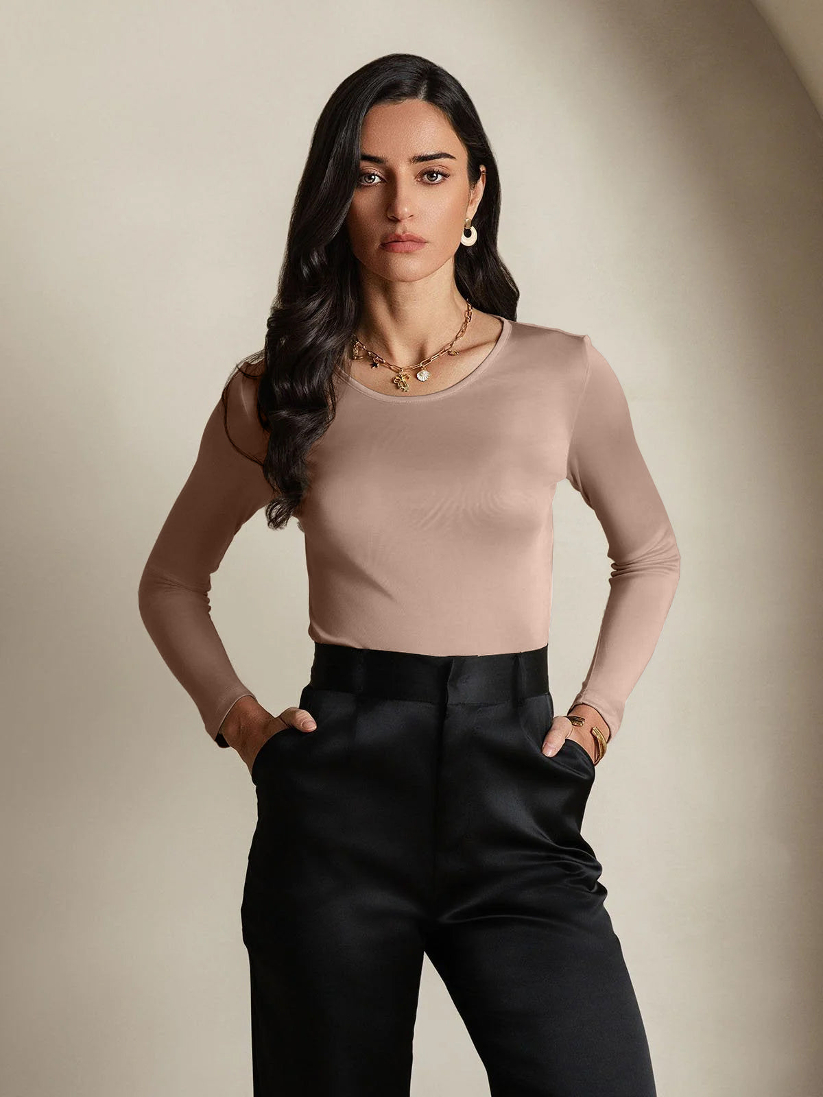 [Koffie] SilkSilky-NL Zijde Ronde Hals Dames T-Shirt 001