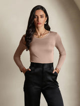 [Koffie] SilkSilky-NL Lange Mouw Ronde Hals Dames T-Shirt 001