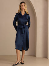 [Donkerblauw] SilkSilky-NL Long Sleeve Lapel Collar Jurk 006