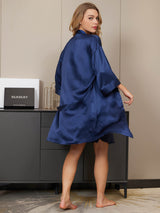 [Donkerblauw] SilkSilky-NL 3/4 Mouw V Hals Nachthemd&Kamerjas Set 002