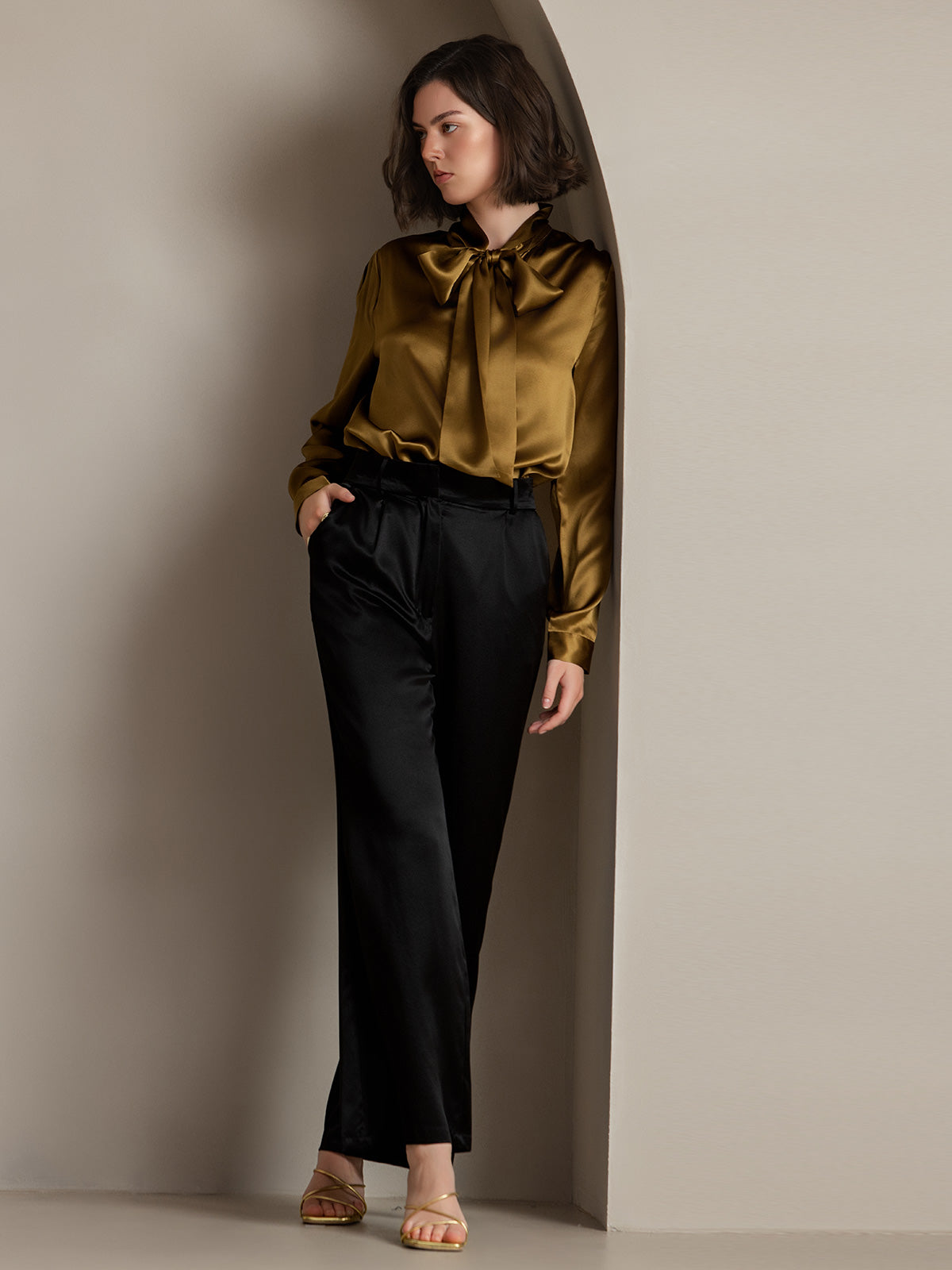 [Bruin] SilkSilky-NL 19Momme Zijde Lange Mouw Binda Hals Dames Blouse 006