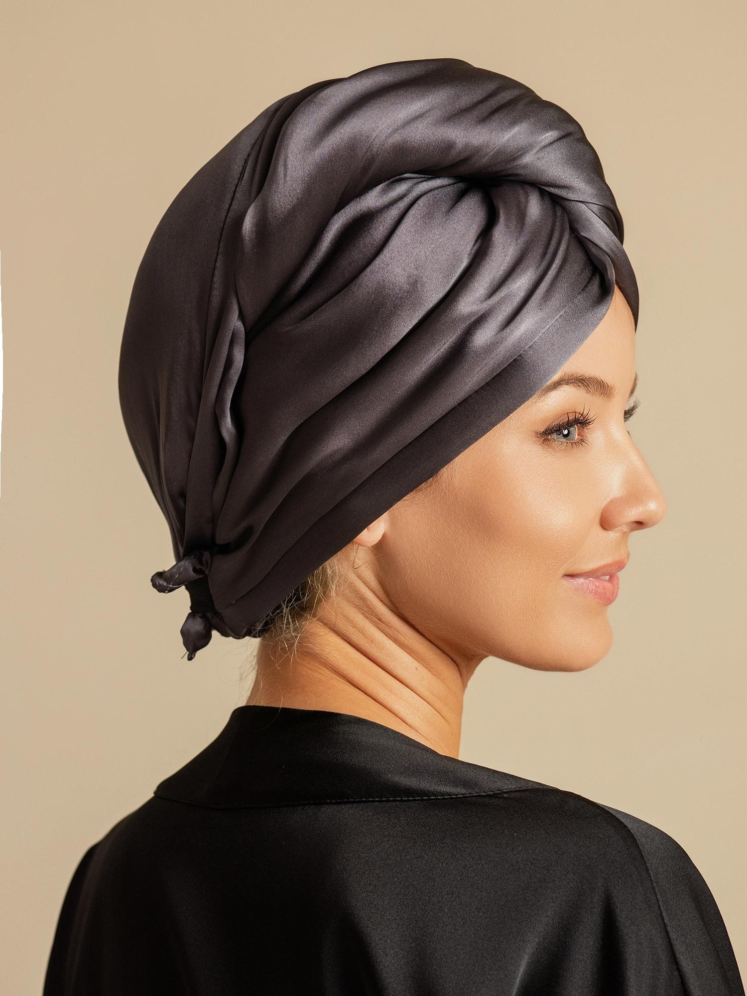[Donkergrijs] SilkSilky-NL Zijde Hair Towel Wrap 004,