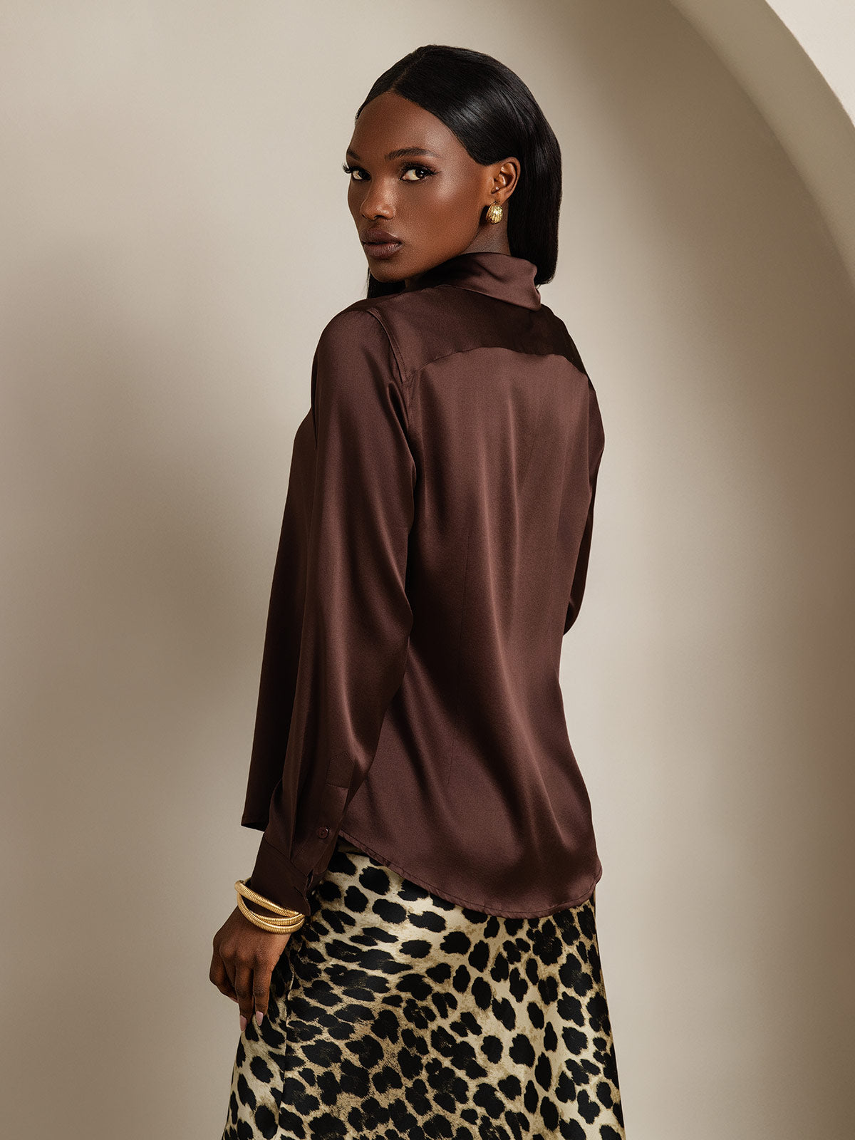 [Bruin] SilkSilky-NL Zijde Kraag Dames Blouse 002