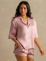 [Perzikhuid] SilkSilky-NL 19Momme Halve Mouw Notchkraag Dames Pyjama Set 005