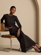 [Zwart] SilkSilky-NL Zuivere Zijde Lange Mouw Ronde Hals Women''s Outfit Sets 006