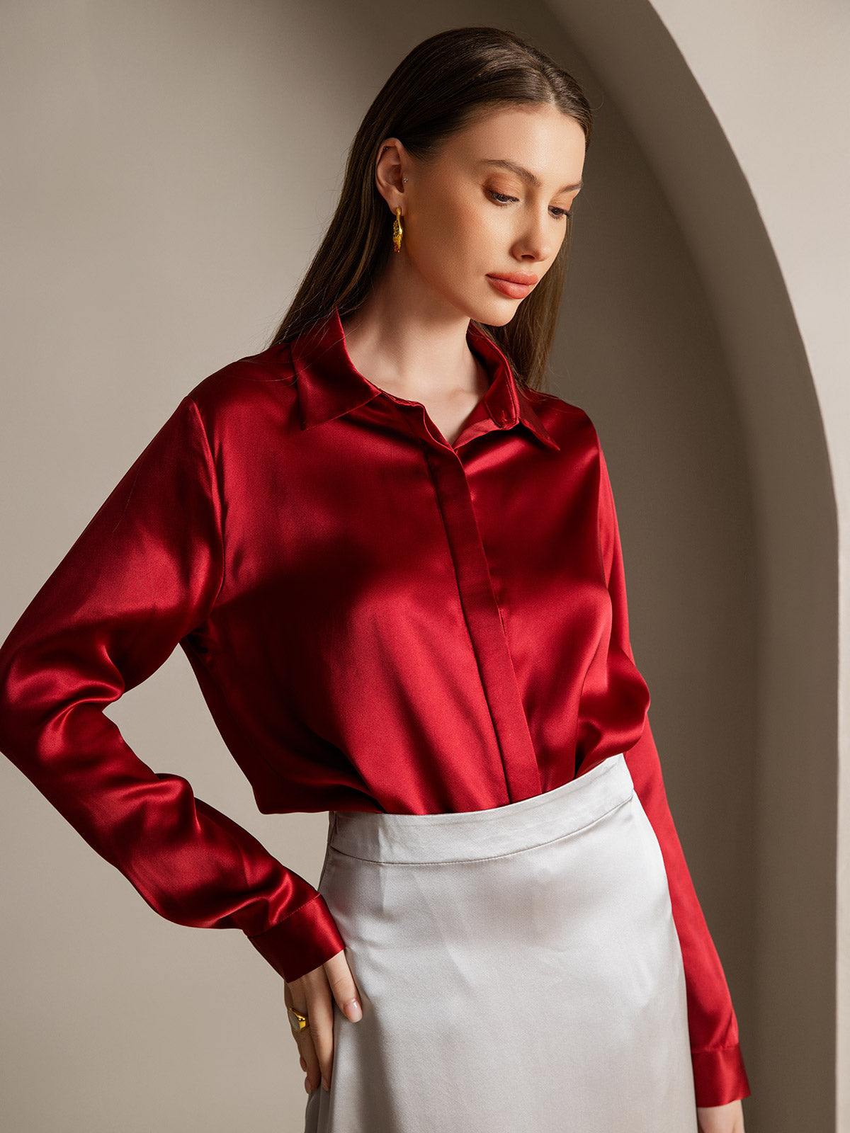 [Wijn] SilkSilky-NL 19Momme Zijde Lapel Collar Dames Blouse 001