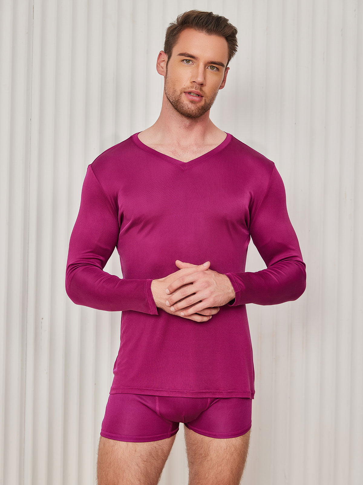 [Donkerrood] SilkSilky-NL Zijde Gebreid Lange Mouw V-Hals Heren T-Shirt 001