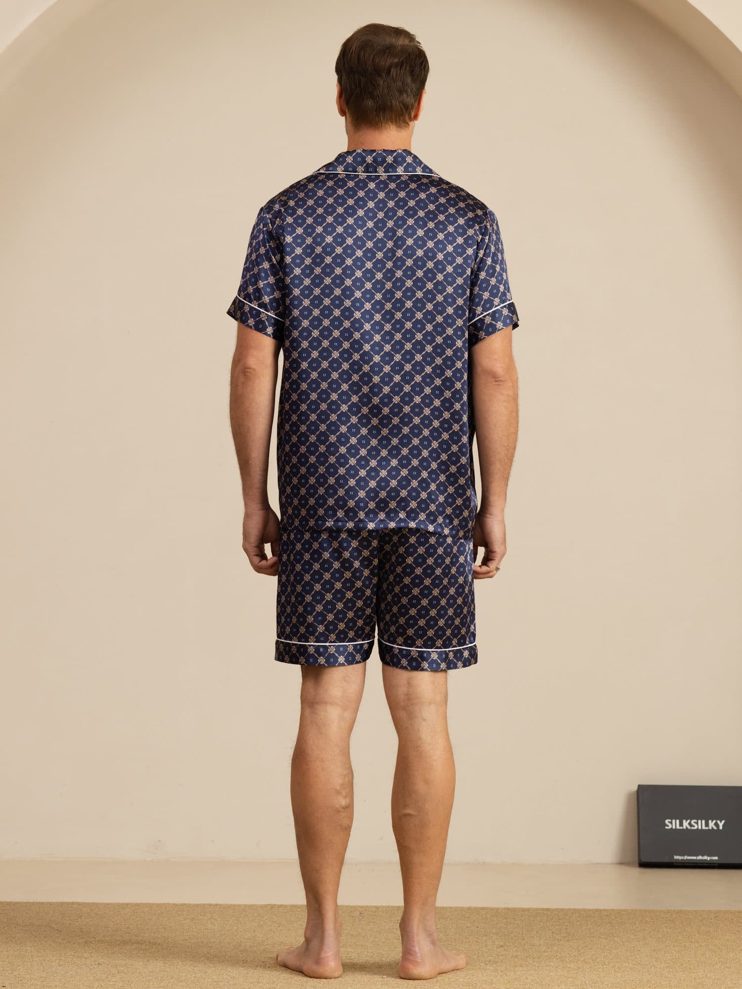[Marine Ketting] SilkSilky-NL Short Sleeve Lapel Collar Heren Pyjama Set 002
