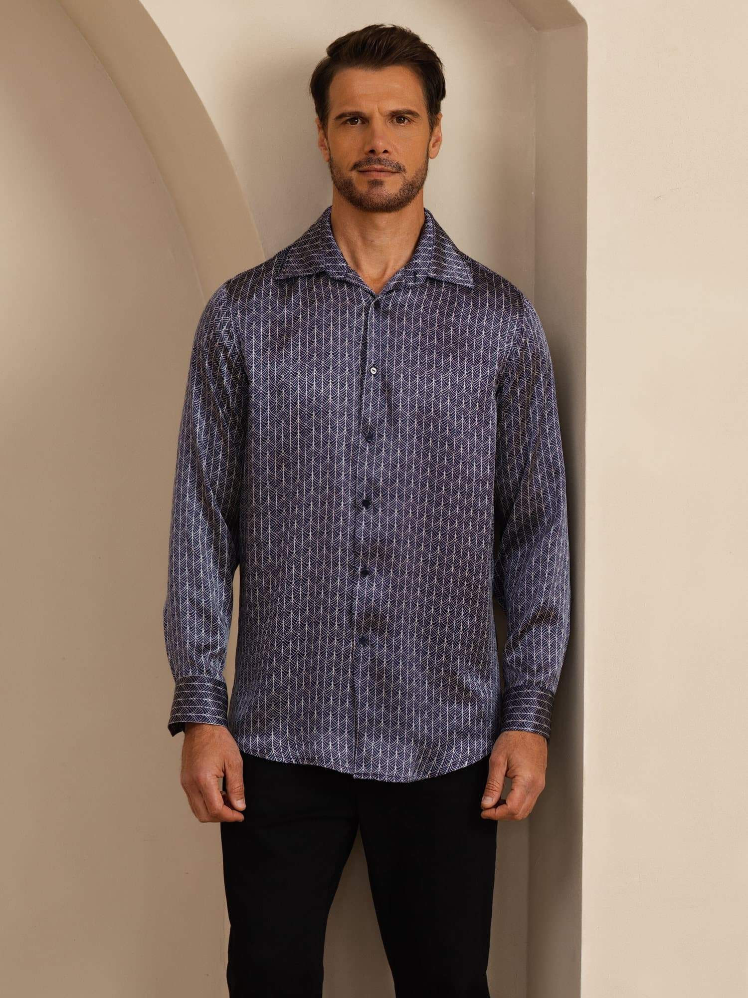 [Marine Ginkgo] SilkSilky-NL Lange Mouw Reverskraag Heren Shirt 004