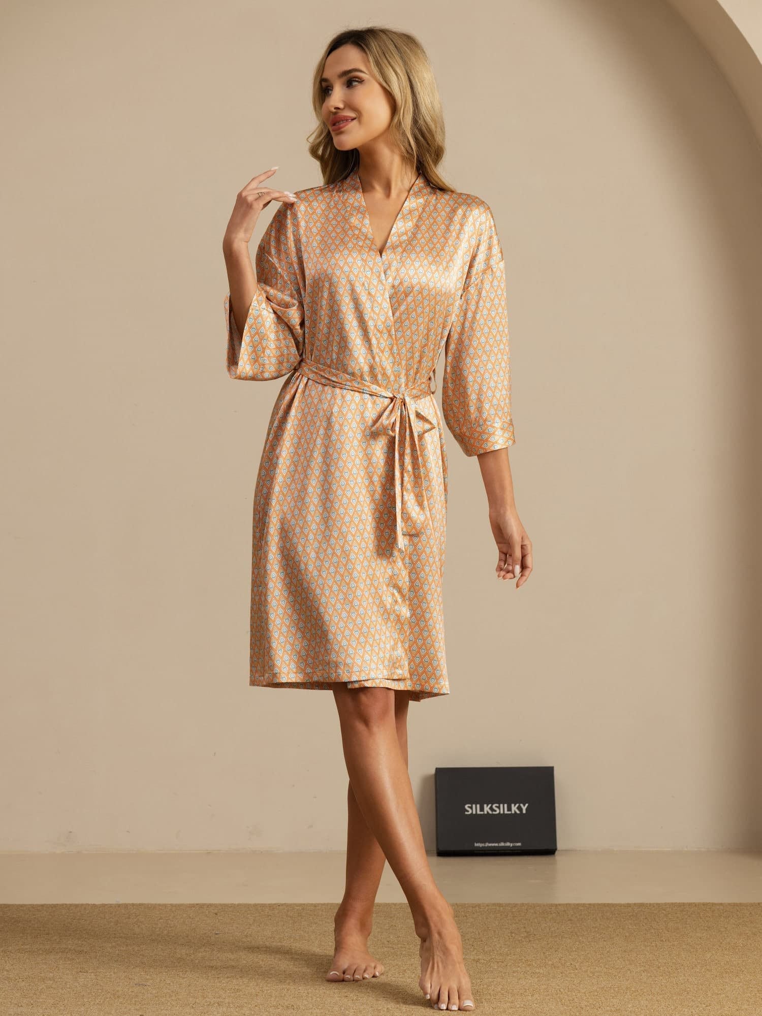 [Geel Hart Geo] SilkSilky-NL 3/4 Mouw Dames Kamerjas 007