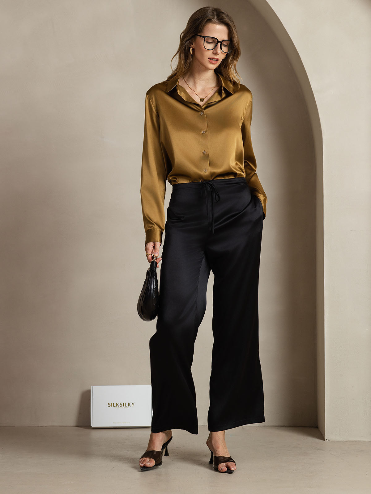 [Brons] SilkSilky-NL Zijde Lange Mouw Kraag Dames Blouse 003