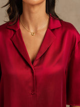 [Wijn] SilkSilky-NL 19Momme Halve Mouw Notchkraag Dames Pyjama Set 004