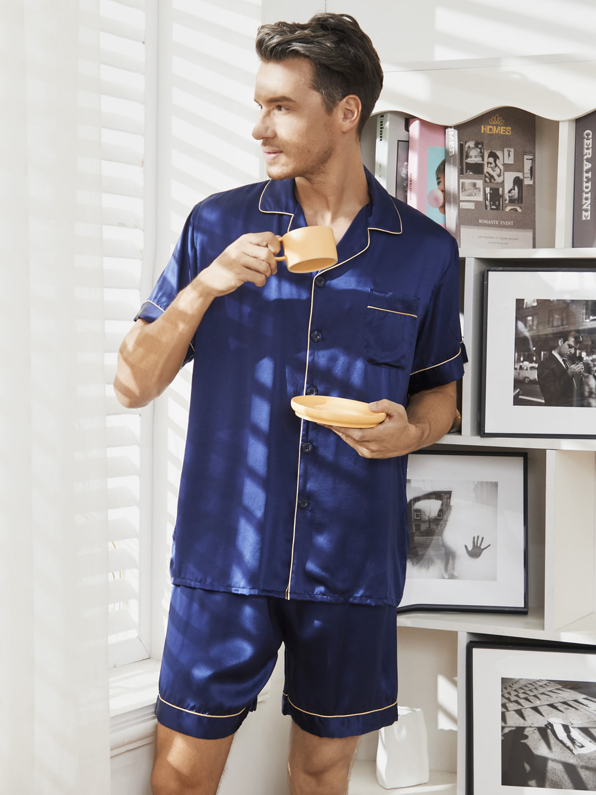 SilkSilky NL Pure Silk Short Sleeve Mens Pajamas Donkerblauw 001