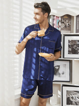 [Donkerblauw] SilkSilky-NL Short Sleeve Lapel Collar Heren Pyjama Set 001