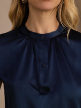 [Donkerblauw] SilkSilky-NL Short Sleeve Split Blouse 005