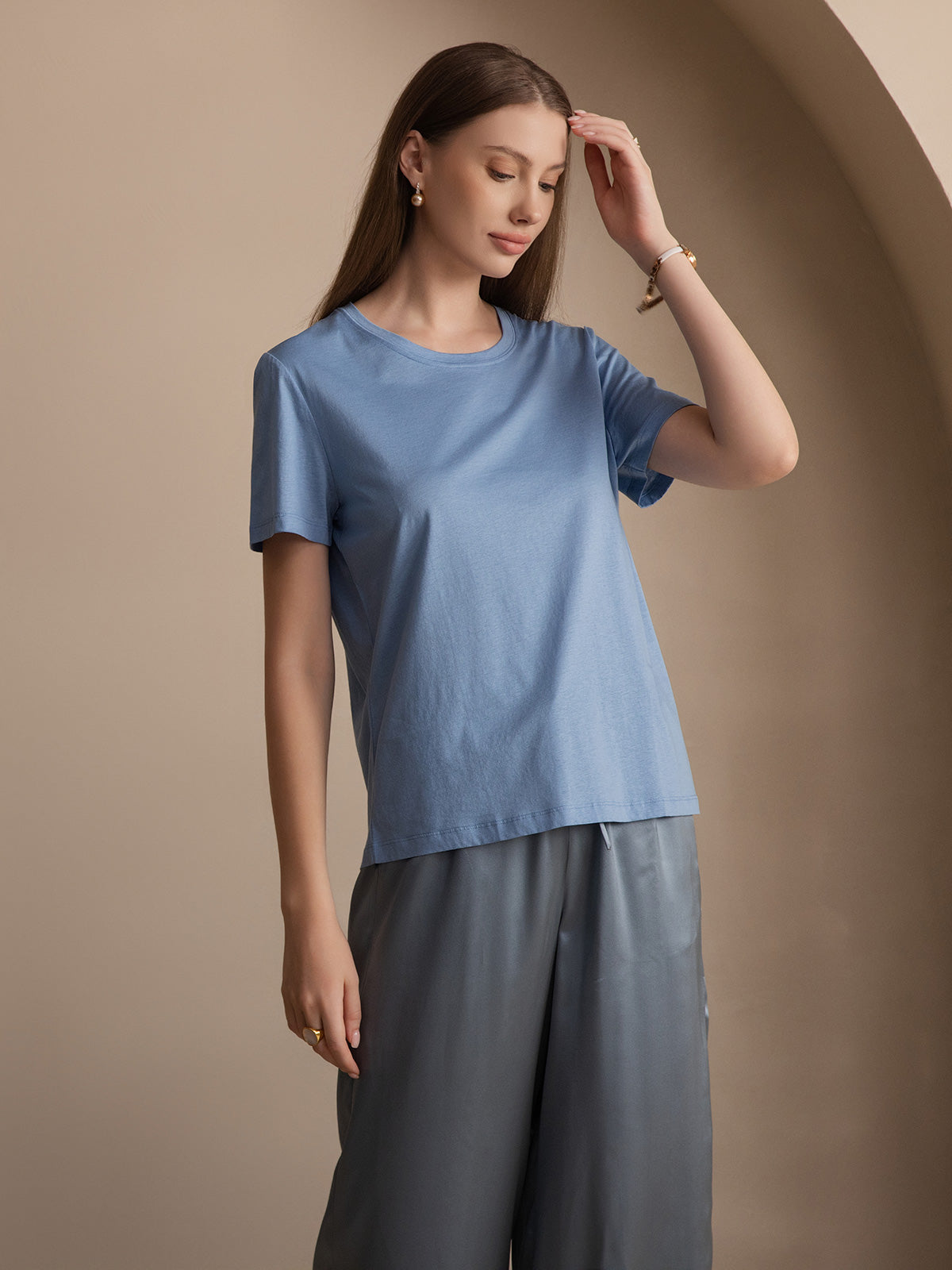 [Blauw] SilkSilky-NL Zijde Gebreid Korte Mouw Ronde Hals Dames T-Shirt 005
